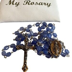 Blue Plastic Bead Rosary Miraculous Medal‎ Crucifix Zip Up Rosary Pouch Catholic